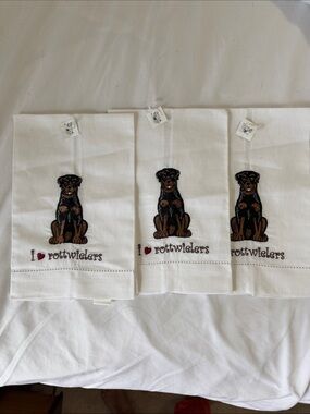 Pine Cone Hill White Tea Towels with Embroidered I Love Rottweiler NWT